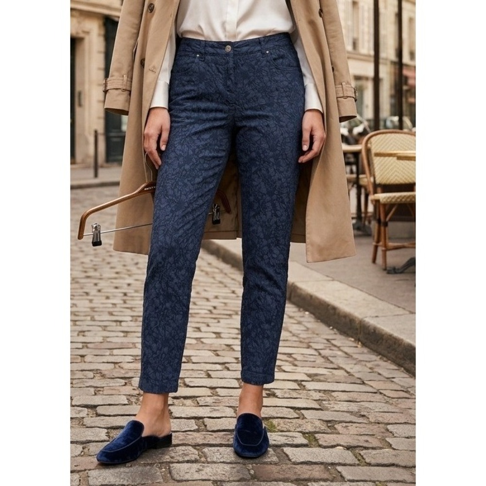 Dalia Collection Floral Textured‎ Slim Leg Pants Women's 10 Blue Stretch Casual